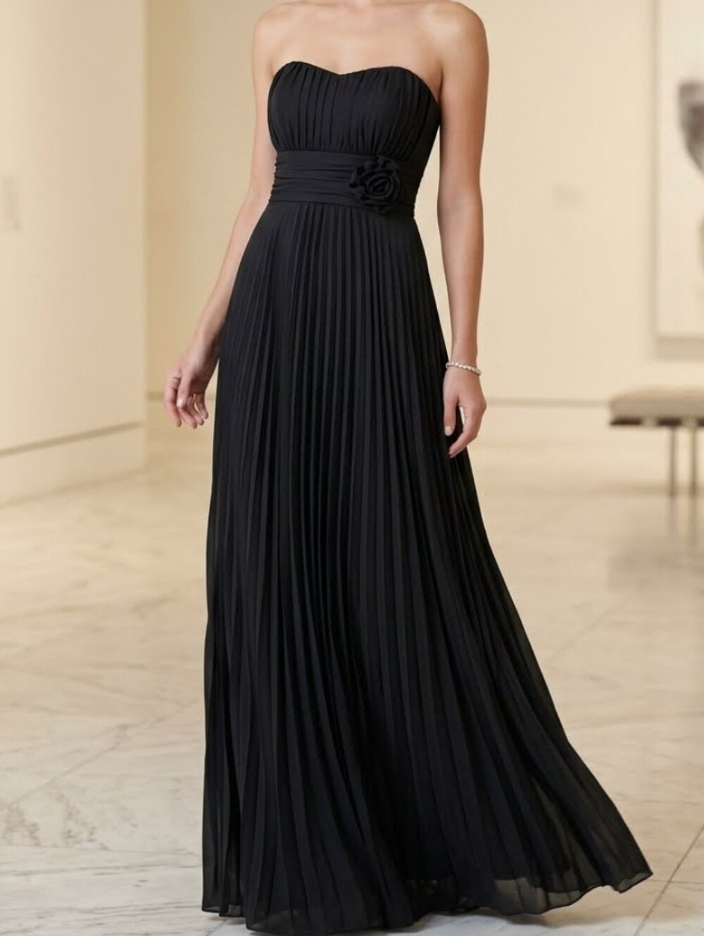 Speechless Black Strapless Pleated Gown with Rosette Waist Size Medium